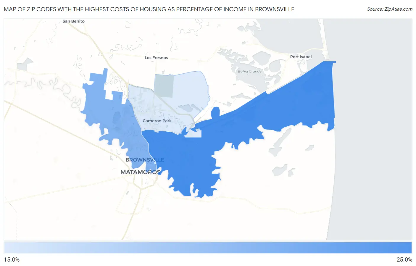 Zip Codes with the Highest Costs of Housing as Percentage of Income in Brownsville Map