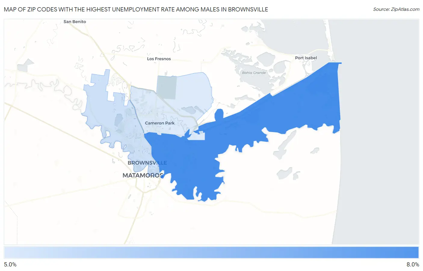 Zip Codes with the Highest Unemployment Rate Among Males in Brownsville Map