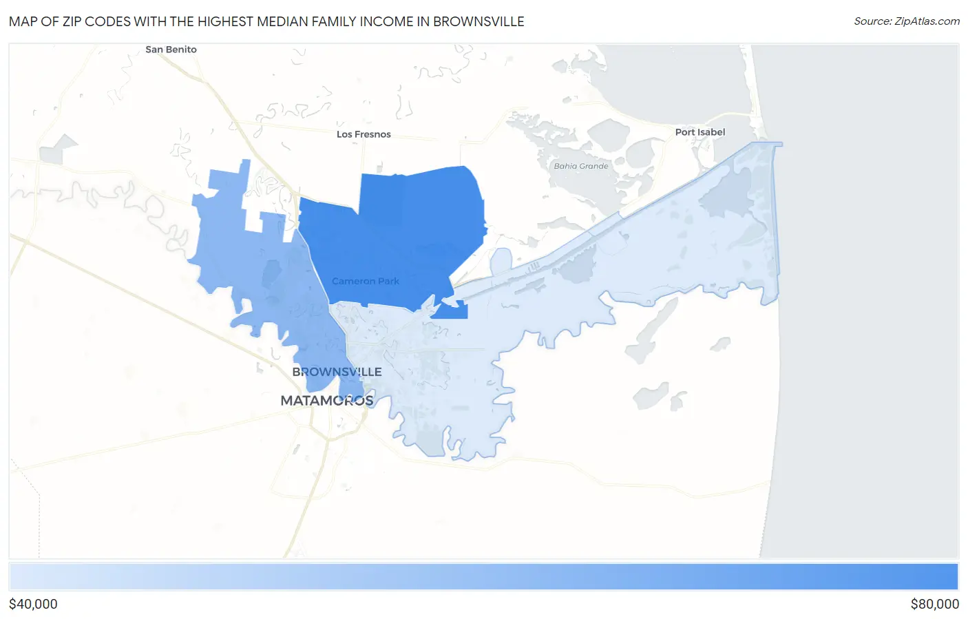Zip Codes with the Highest Median Family Income in Brownsville Map