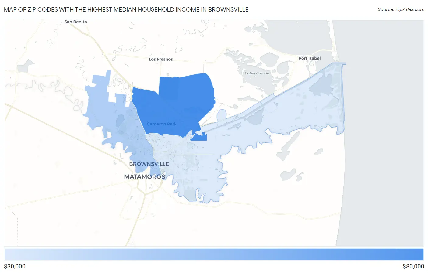 Zip Codes with the Highest Median Household Income in Brownsville Map