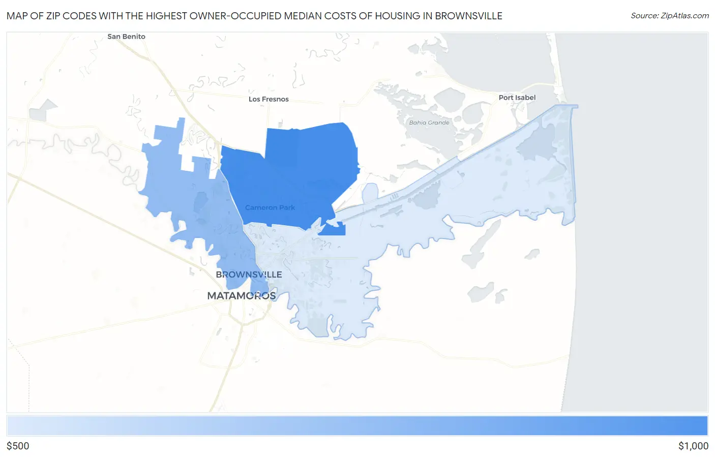 Zip Codes with the Highest Owner-Occupied Median Costs of Housing in Brownsville Map