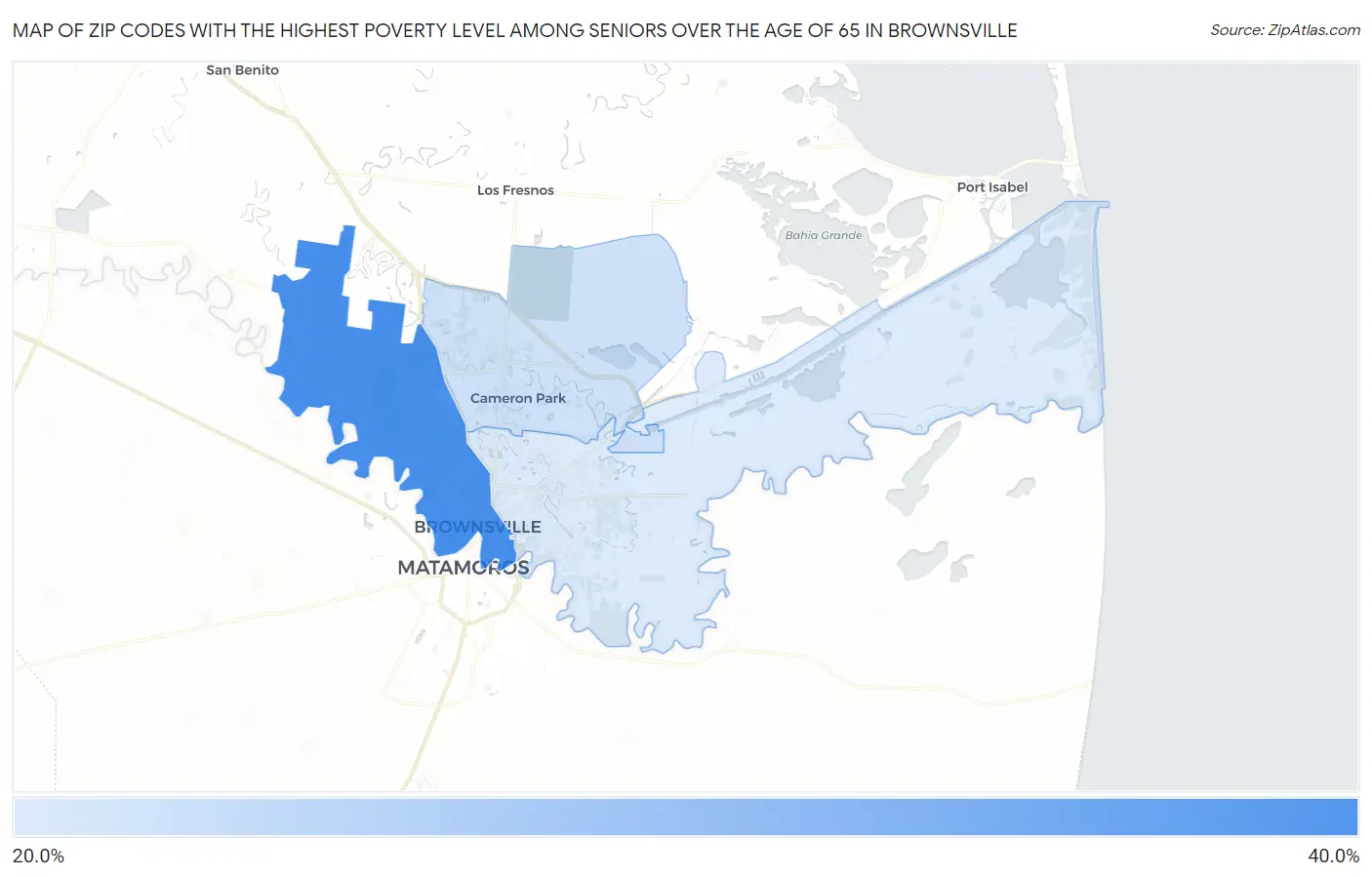 Zip Codes with the Highest Poverty Level Among Seniors Over the Age of 65 in Brownsville Map