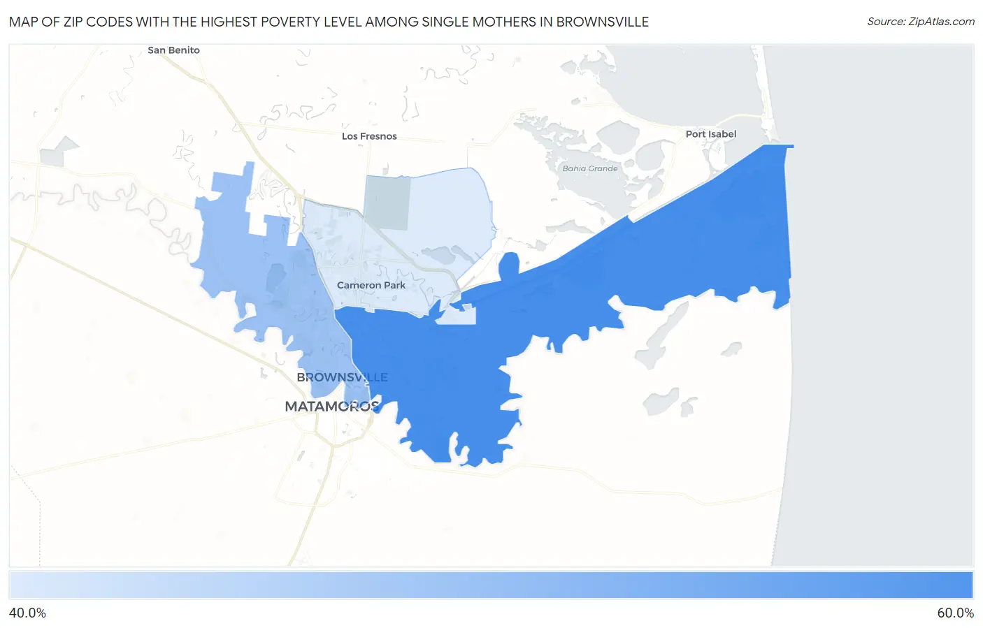 Zip Codes with the Highest Poverty Level Among Single Mothers in Brownsville Map