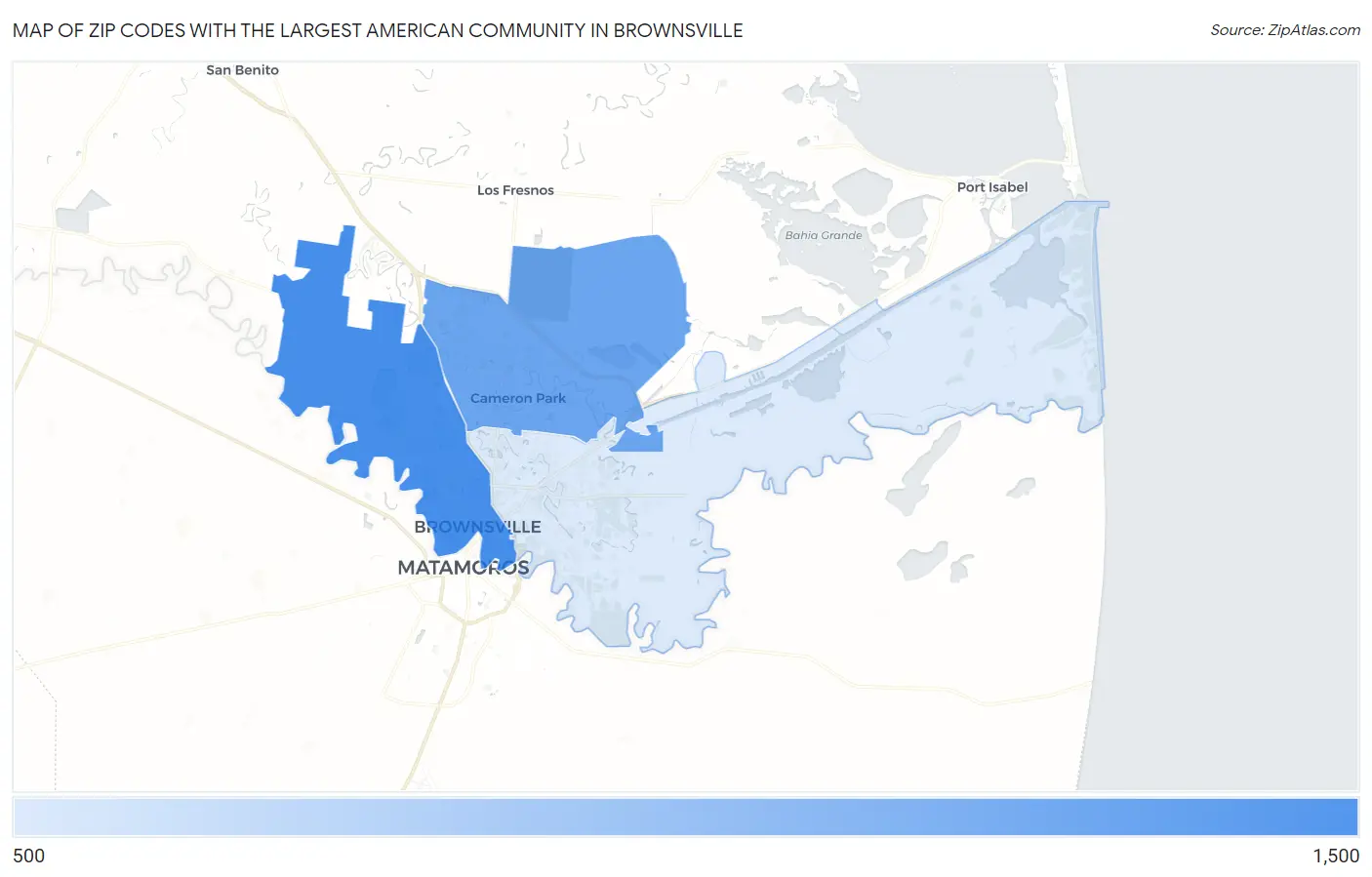 Zip Codes with the Largest American Community in Brownsville Map