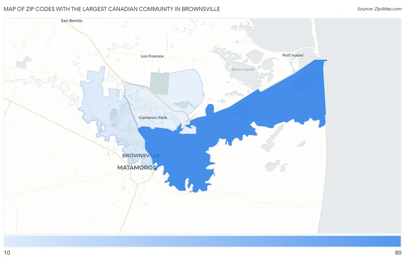 Zip Codes with the Largest Canadian Community in Brownsville Map