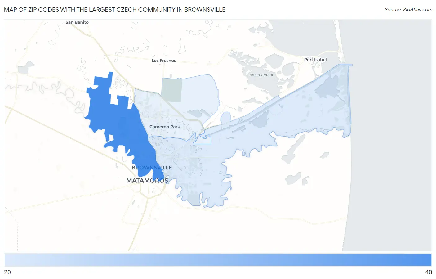 Zip Codes with the Largest Czech Community in Brownsville Map