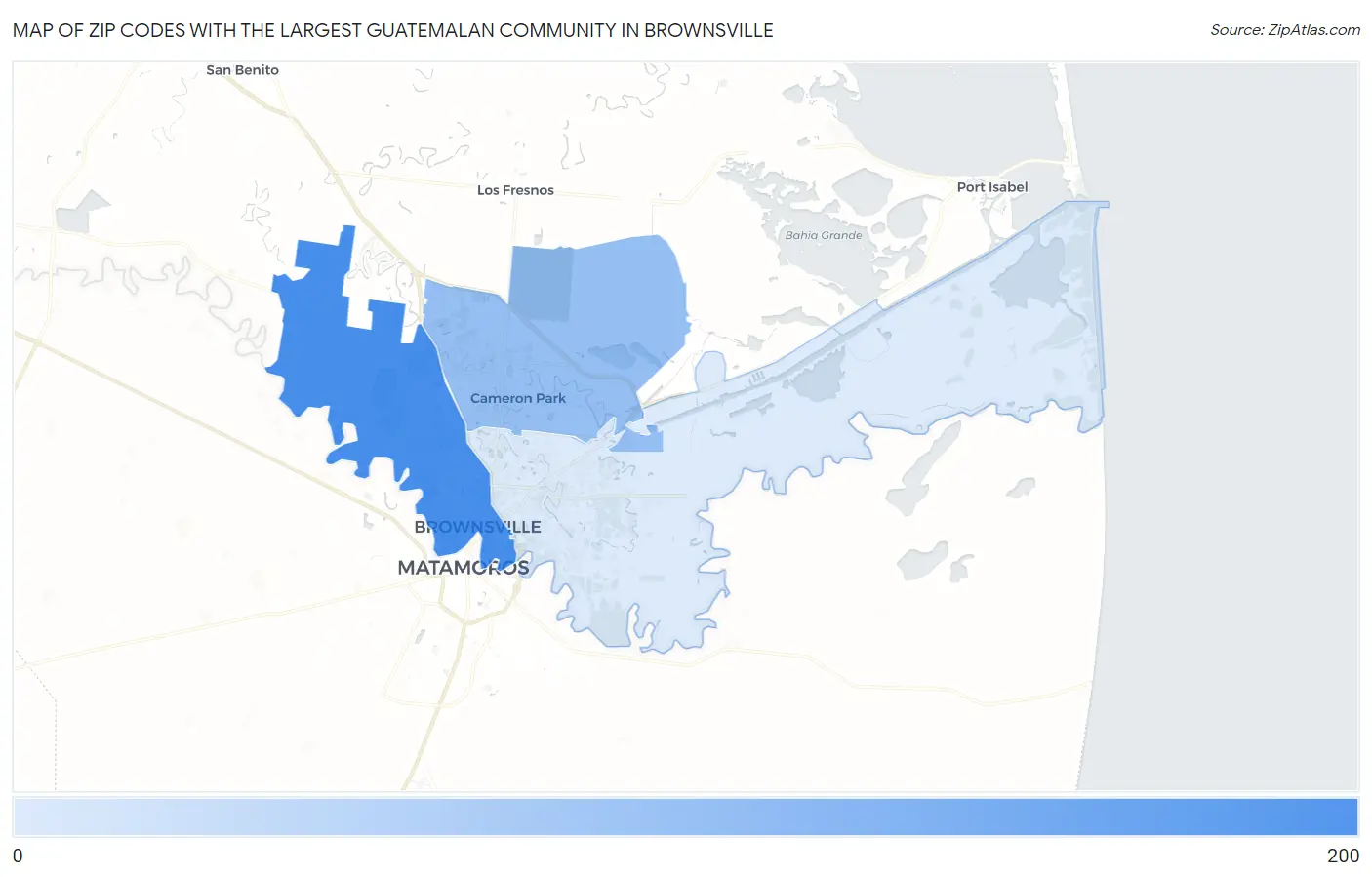 Zip Codes with the Largest Guatemalan Community in Brownsville Map