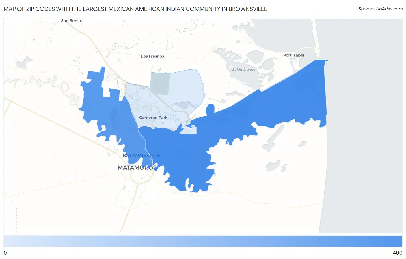 Zip Codes with the Largest Mexican American Indian Community in Brownsville Map