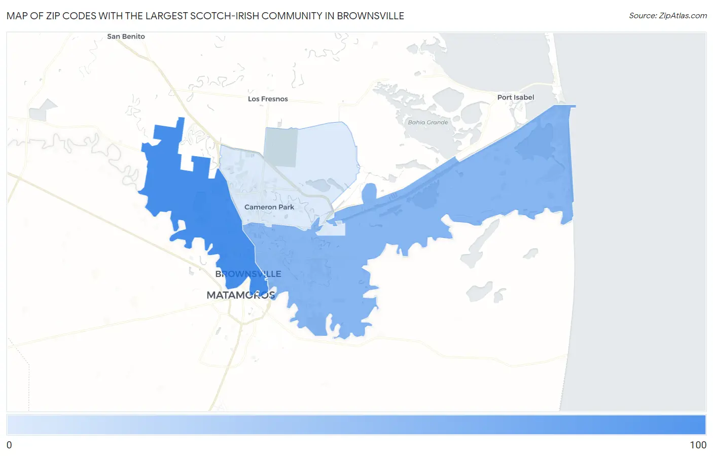 Zip Codes with the Largest Scotch-Irish Community in Brownsville Map