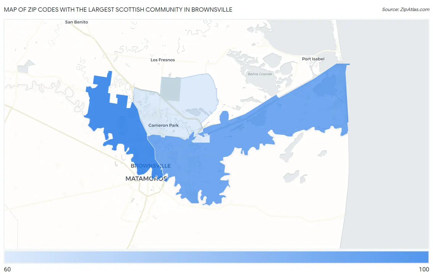 Zip Codes with the Largest Scottish Community in Brownsville Map