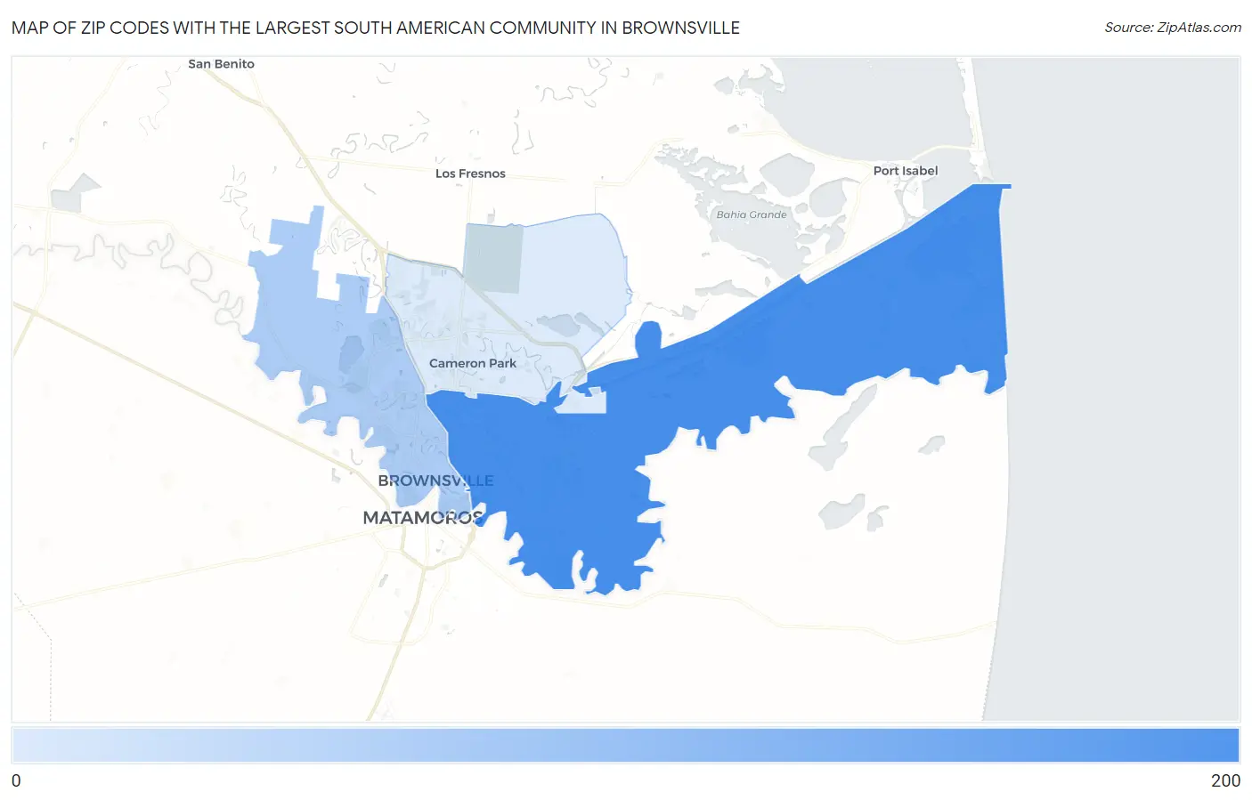 Zip Codes with the Largest South American Community in Brownsville Map