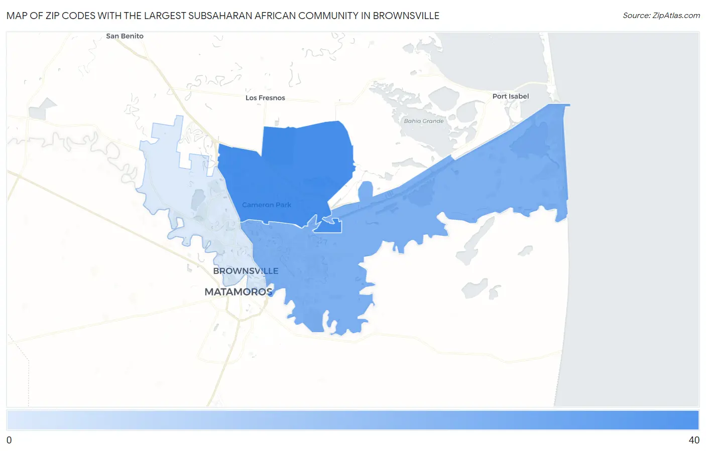 Zip Codes with the Largest Subsaharan African Community in Brownsville Map