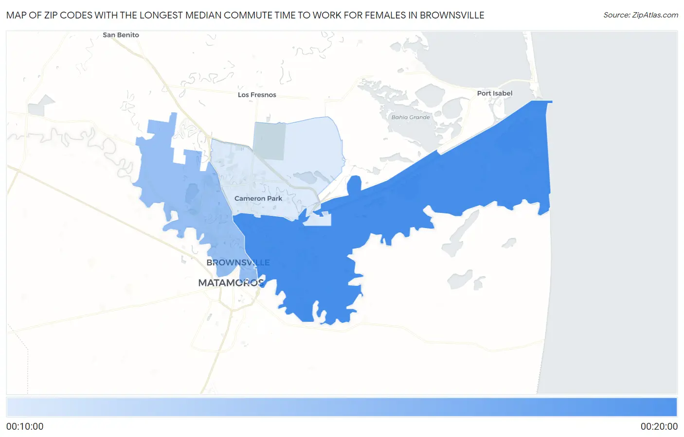 Zip Codes with the Longest Median Commute Time to Work for Females in Brownsville Map