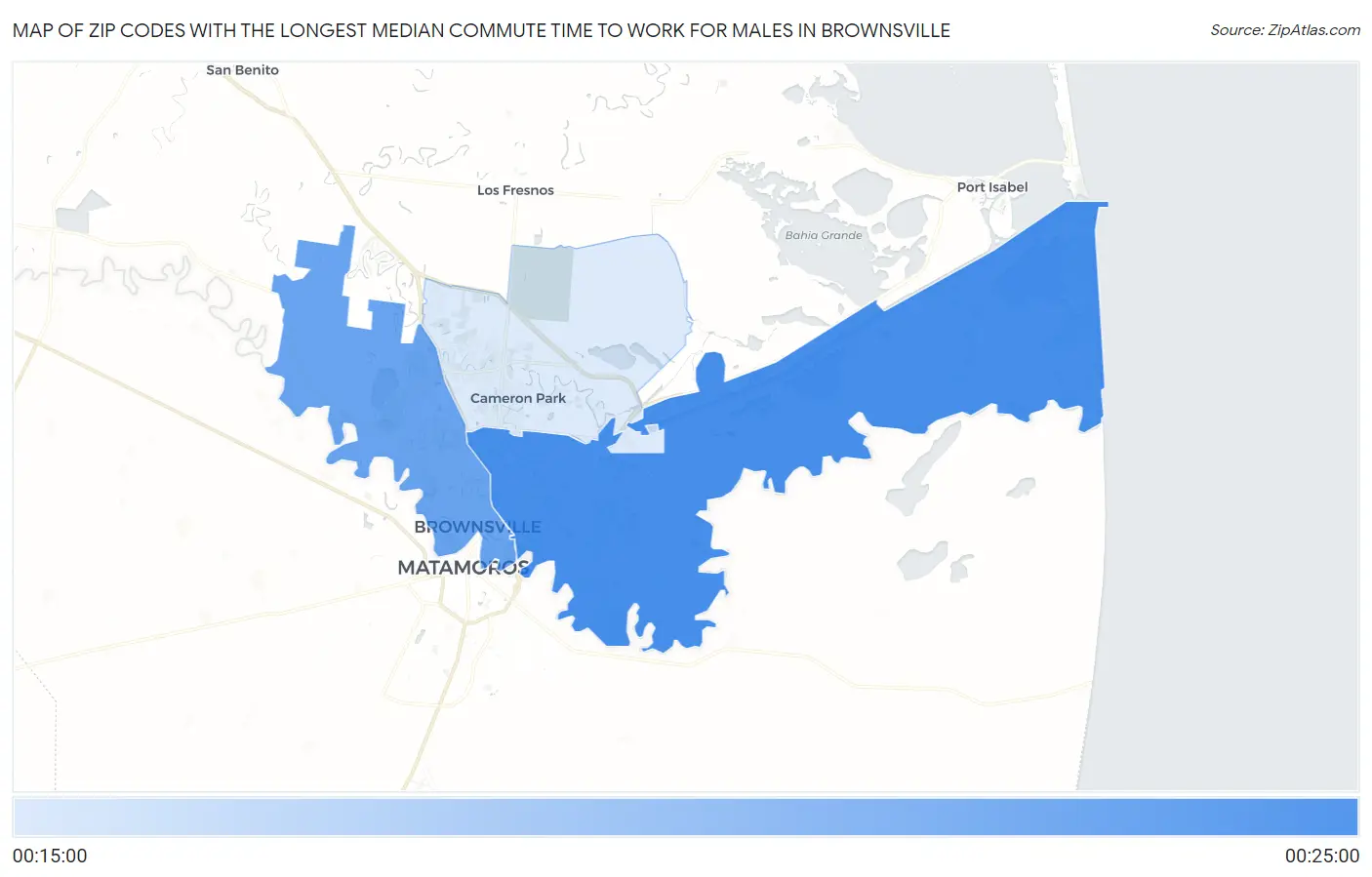 Zip Codes with the Longest Median Commute Time to Work for Males in Brownsville Map