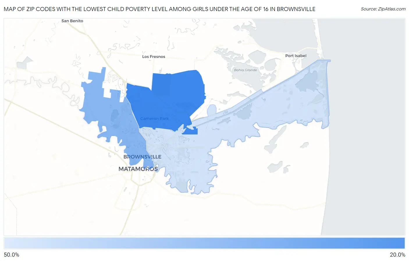 Zip Codes with the Lowest Child Poverty Level Among Girls Under the Age of 16 in Brownsville Map