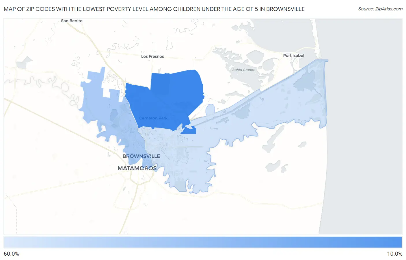 Zip Codes with the Lowest Poverty Level Among Children Under the Age of 5 in Brownsville Map