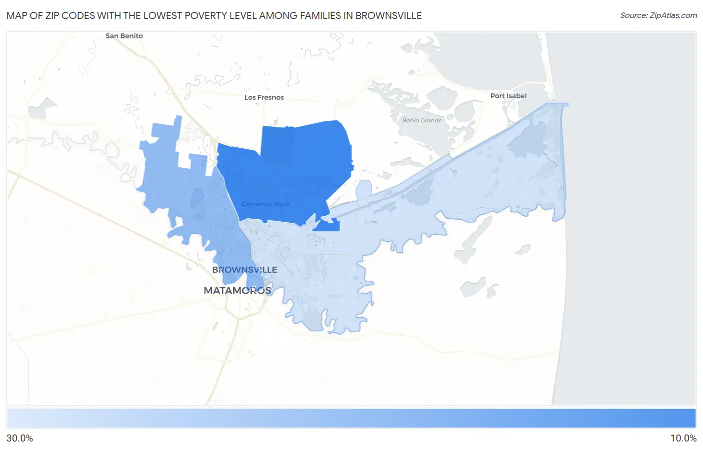 Zip Codes with the Lowest Poverty Level Among Families in Brownsville Map