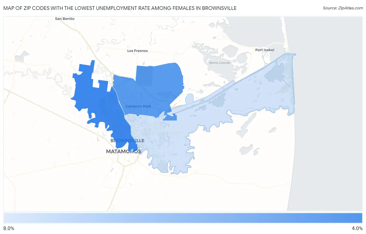 Zip Codes with the Lowest Unemployment Rate Among Females in Brownsville Map