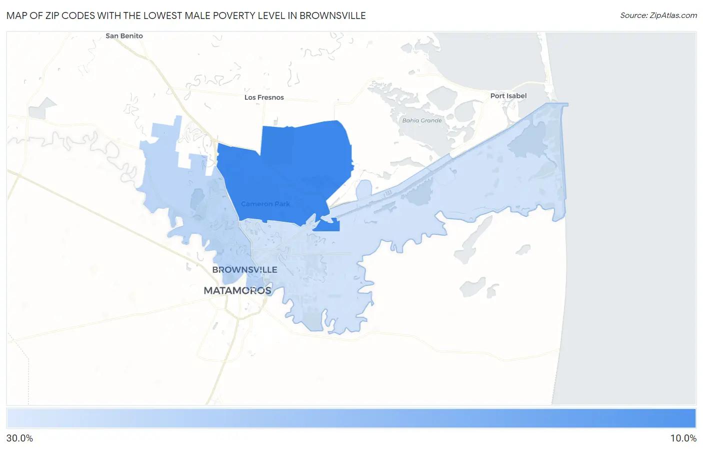 Zip Codes with the Lowest Male Poverty Level in Brownsville Map