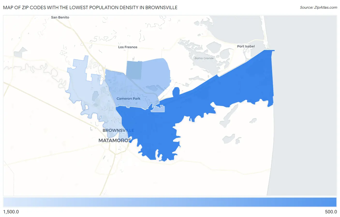 Zip Codes with the Lowest Population Density in Brownsville Map