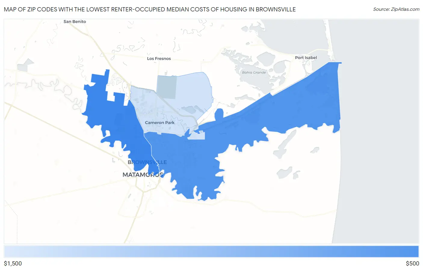 Zip Codes with the Lowest Renter-Occupied Median Costs of Housing in Brownsville Map