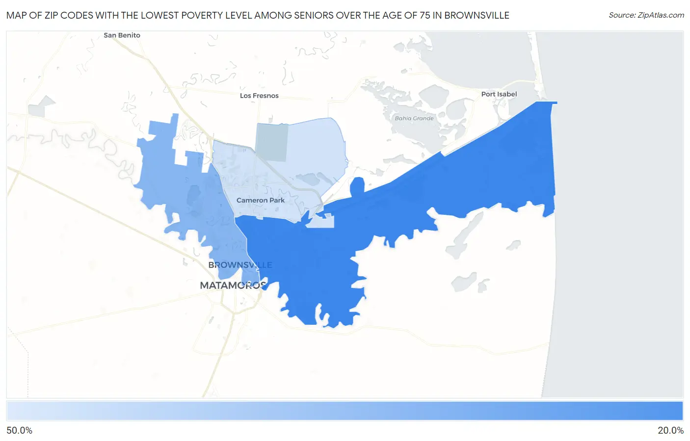 Zip Codes with the Lowest Poverty Level Among Seniors Over the Age of 75 in Brownsville Map