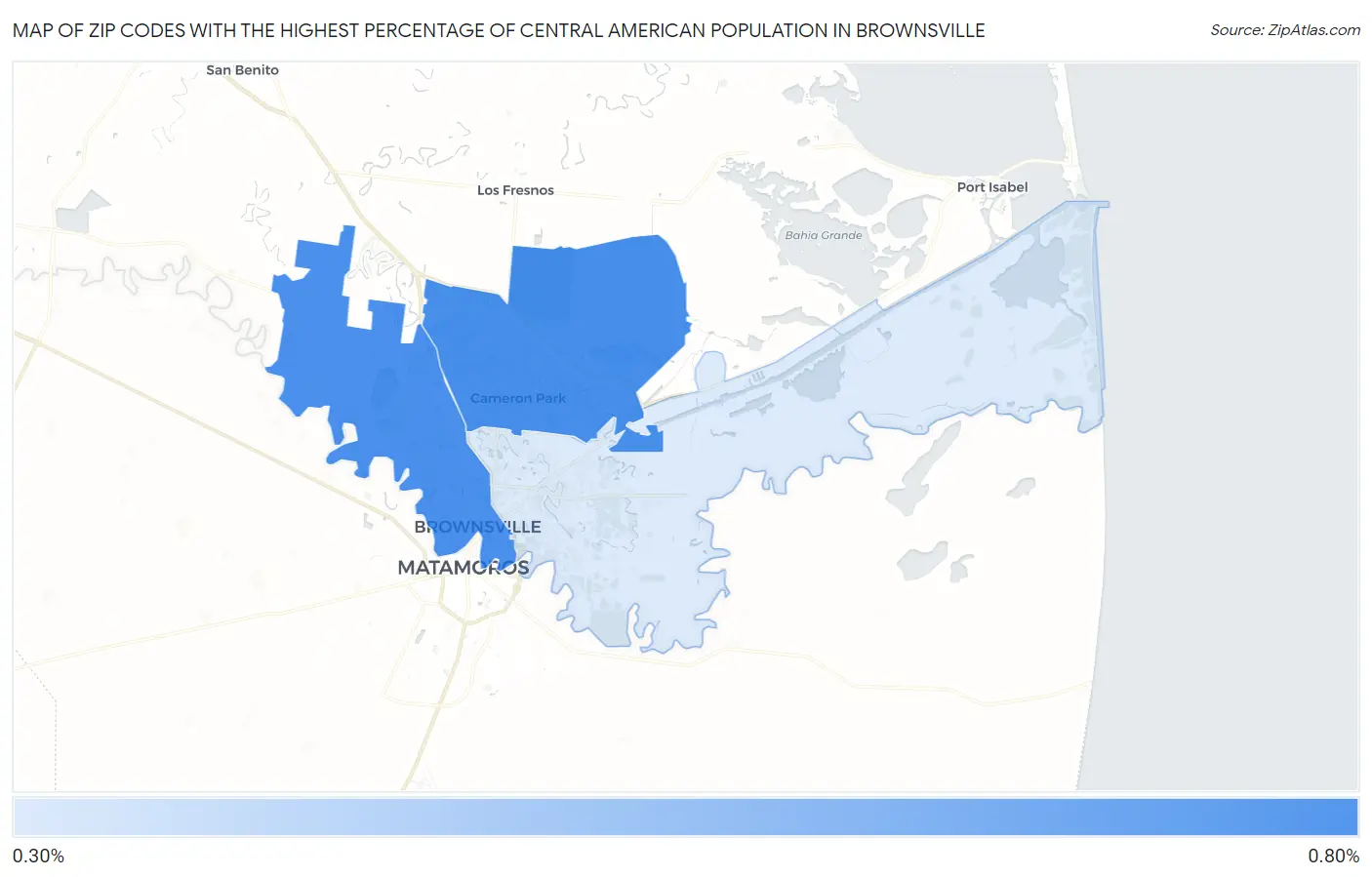 Zip Codes with the Highest Percentage of Central American Population in Brownsville Map