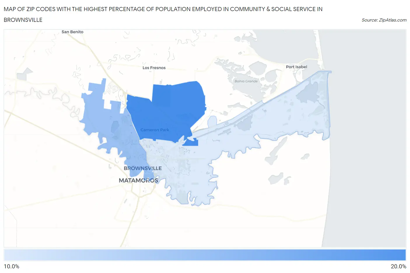 Zip Codes with the Highest Percentage of Population Employed in Community & Social Service  in Brownsville Map