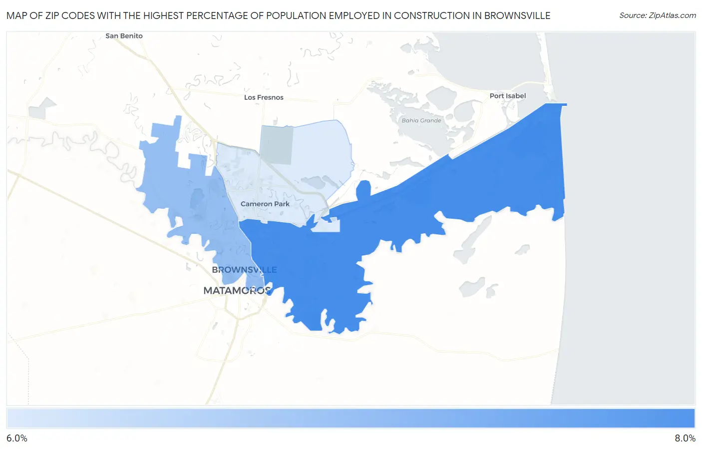 Zip Codes with the Highest Percentage of Population Employed in Construction in Brownsville Map