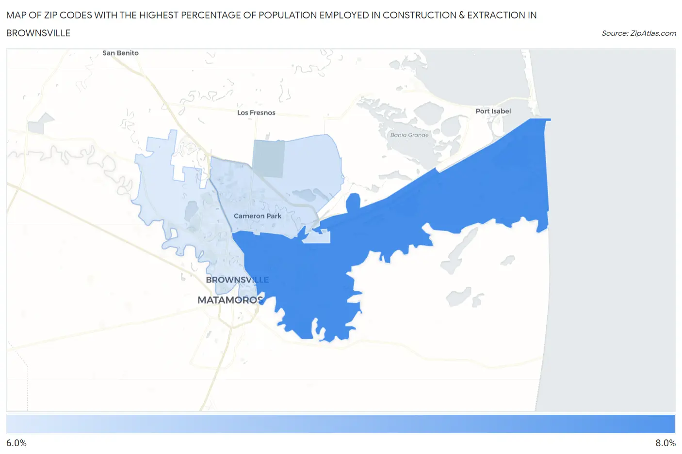 Zip Codes with the Highest Percentage of Population Employed in Construction & Extraction in Brownsville Map