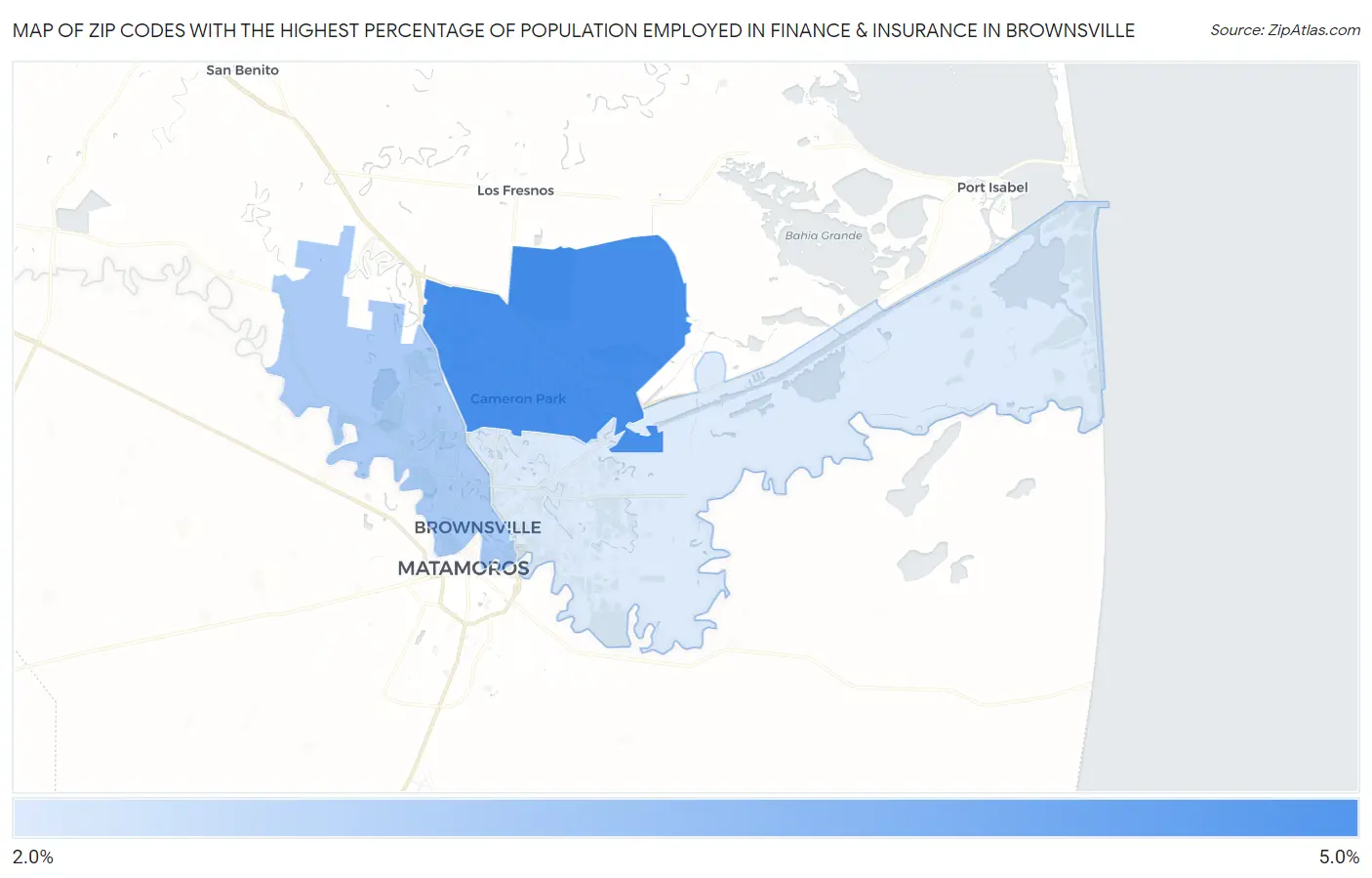 Zip Codes with the Highest Percentage of Population Employed in Finance & Insurance in Brownsville Map