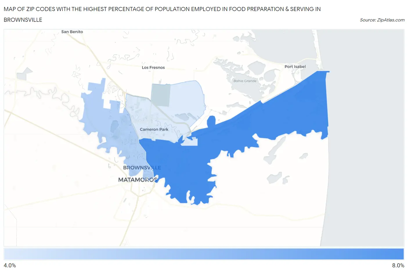 Zip Codes with the Highest Percentage of Population Employed in Food Preparation & Serving in Brownsville Map
