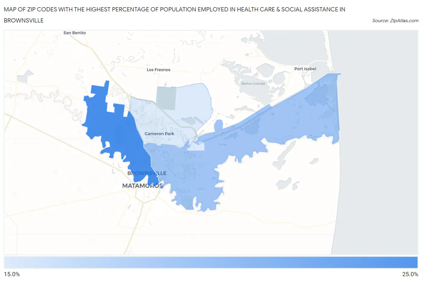 Zip Codes with the Highest Percentage of Population Employed in Health Care & Social Assistance in Brownsville Map
