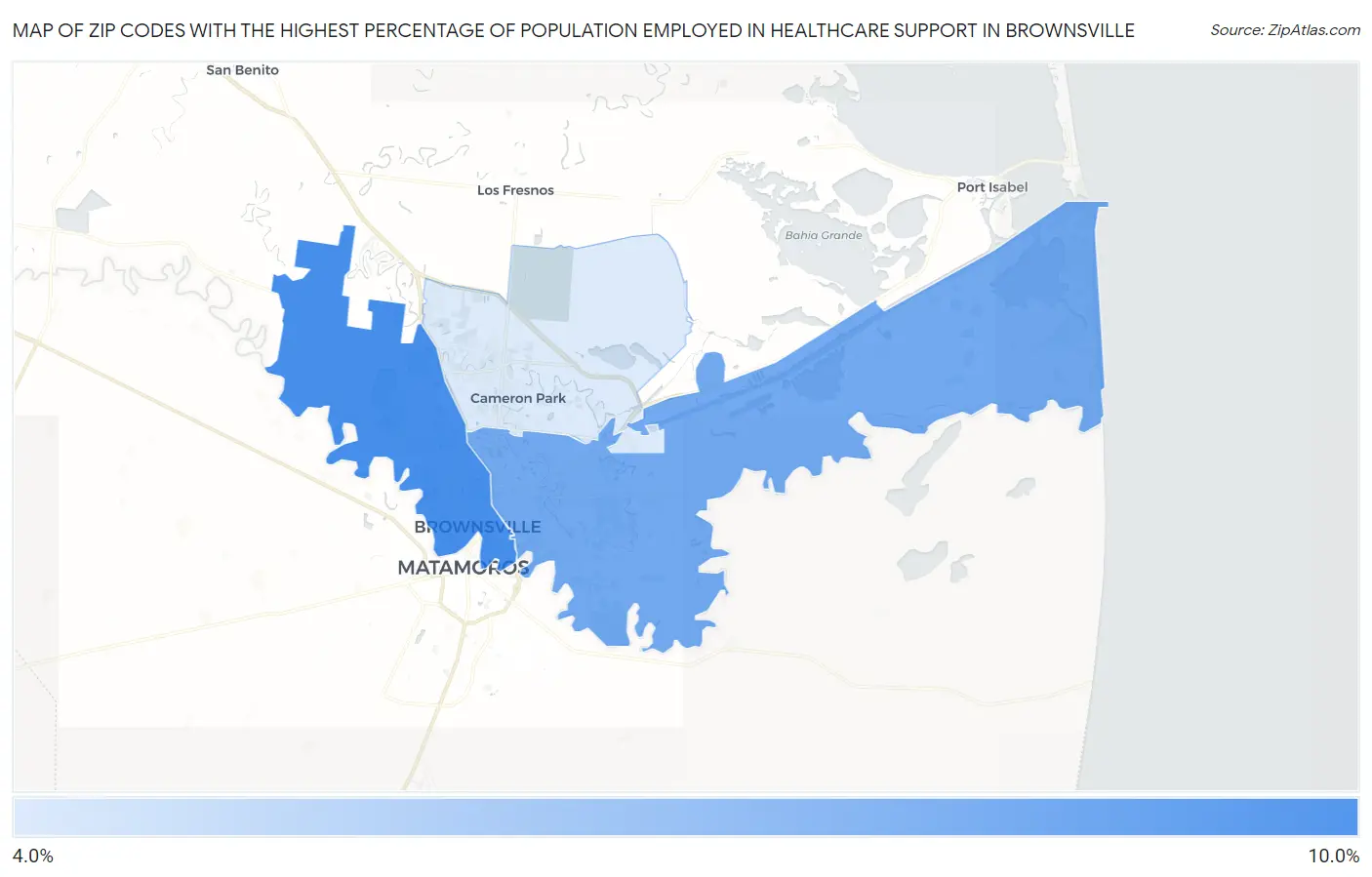 Zip Codes with the Highest Percentage of Population Employed in Healthcare Support in Brownsville Map