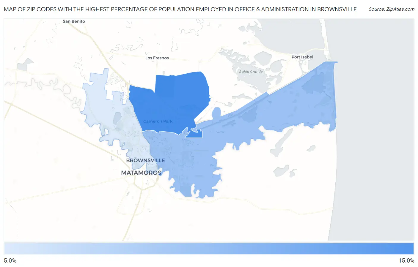 Zip Codes with the Highest Percentage of Population Employed in Office & Administration in Brownsville Map
