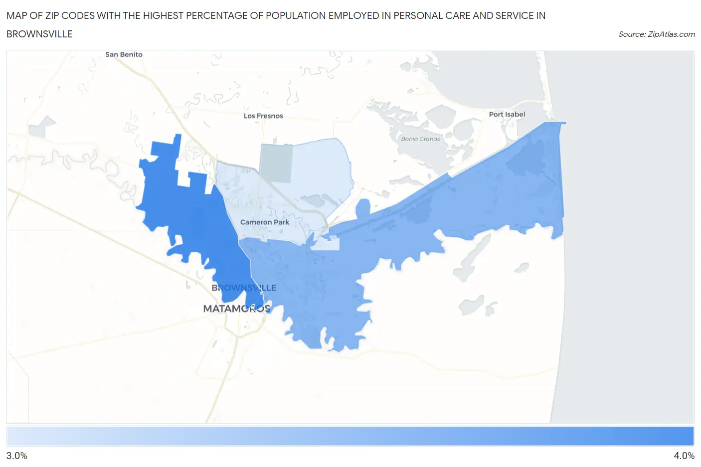 Zip Codes with the Highest Percentage of Population Employed in Personal Care and Service in Brownsville Map