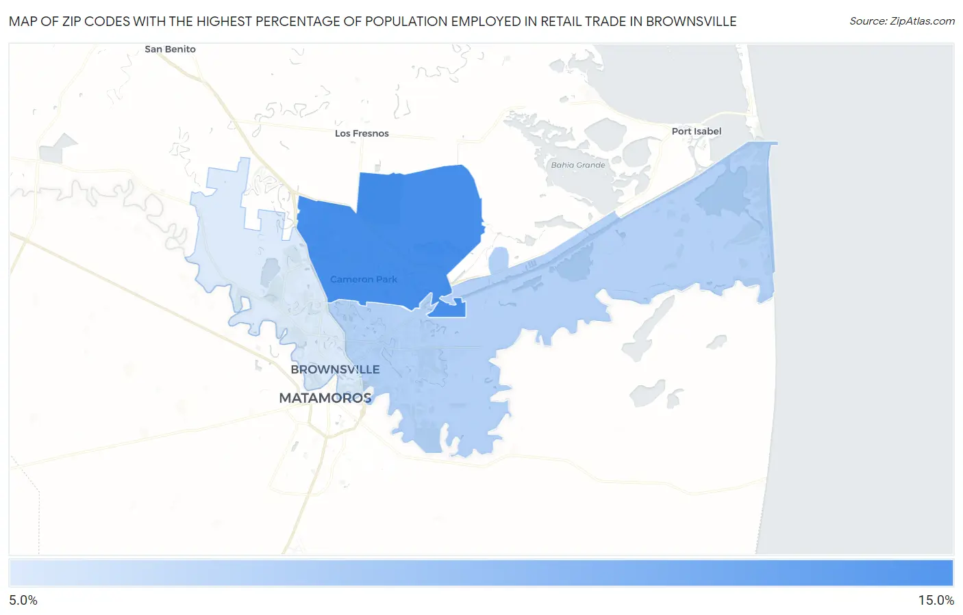 Zip Codes with the Highest Percentage of Population Employed in Retail Trade in Brownsville Map