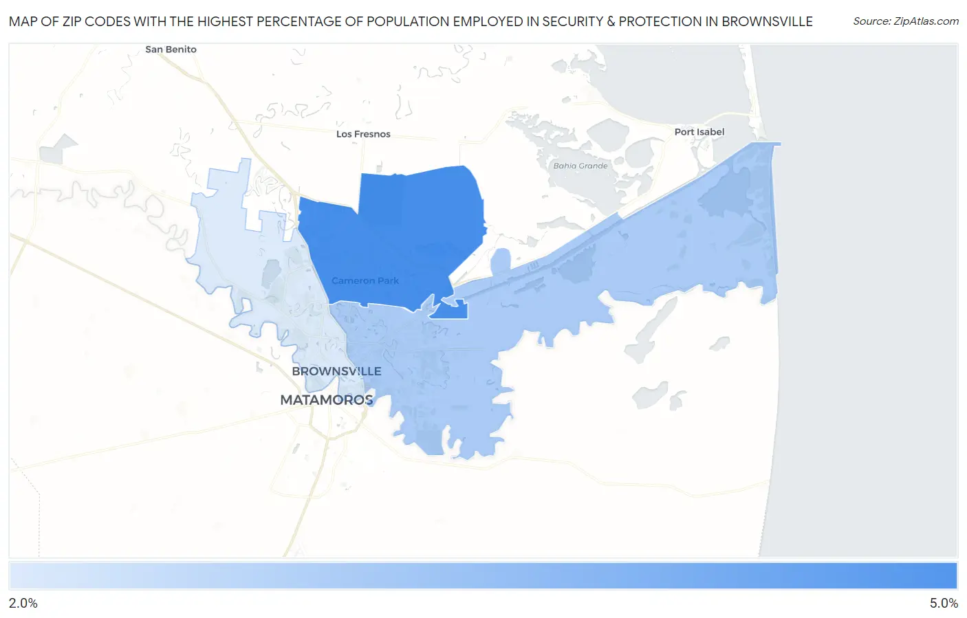 Zip Codes with the Highest Percentage of Population Employed in Security & Protection in Brownsville Map