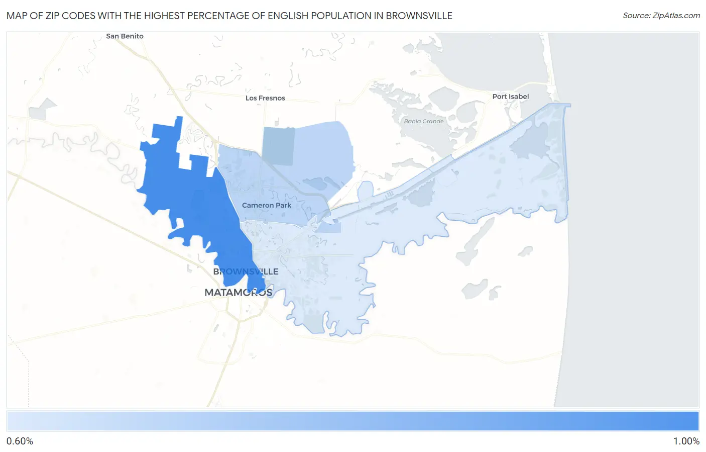 Zip Codes with the Highest Percentage of English Population in Brownsville Map