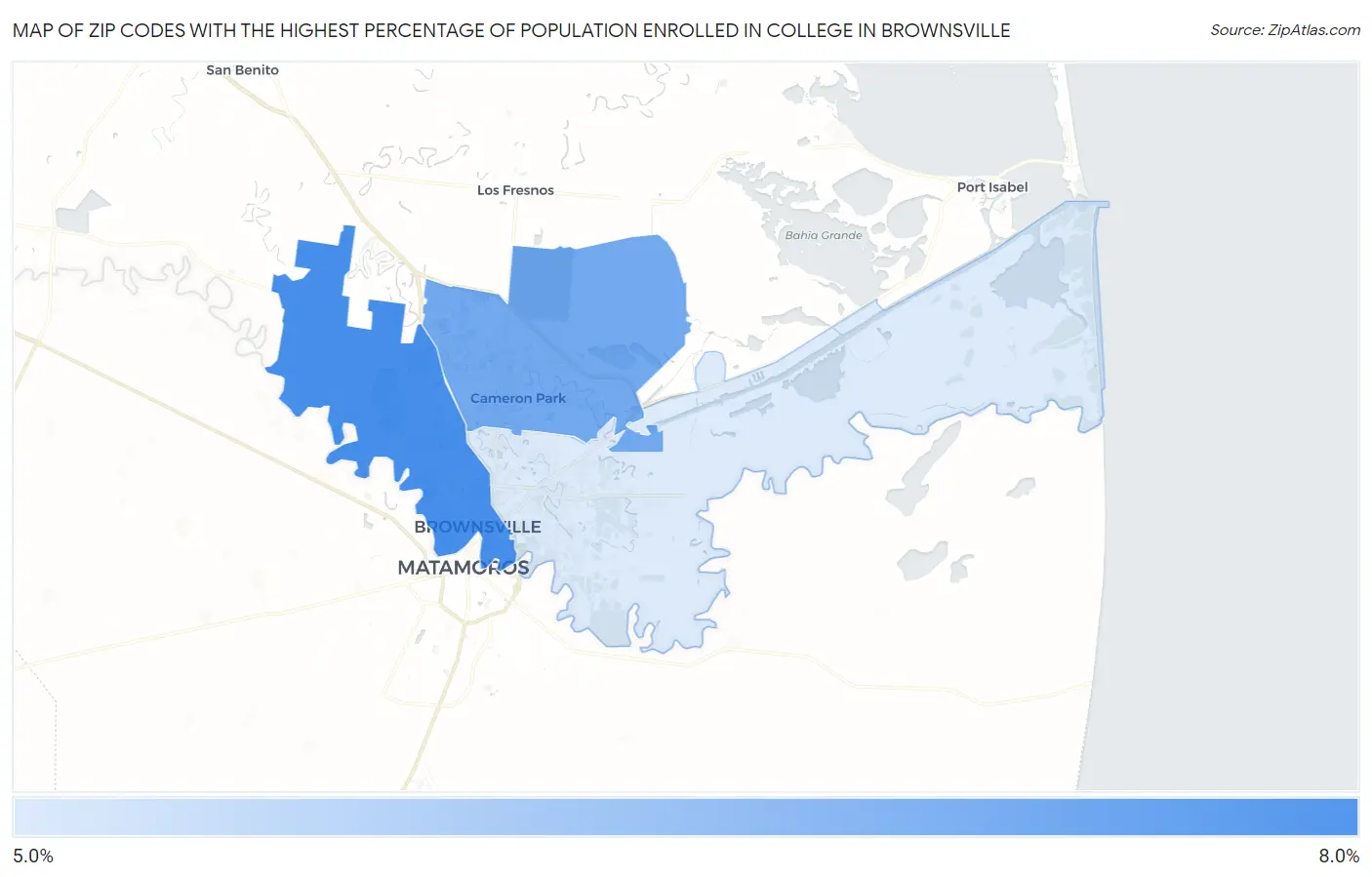 Zip Codes with the Highest Percentage of Population Enrolled in College in Brownsville Map