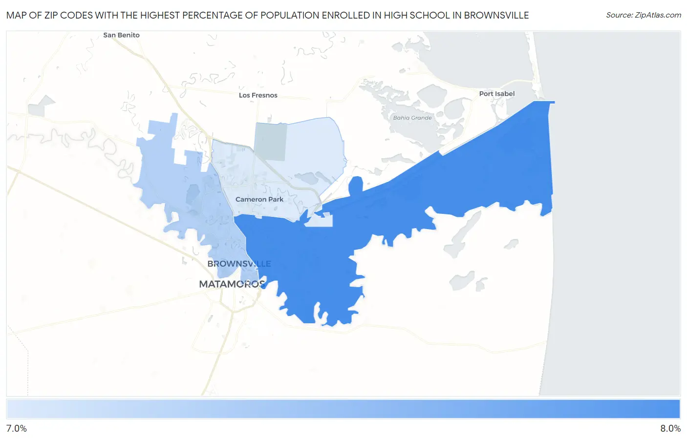 Zip Codes with the Highest Percentage of Population Enrolled in High School in Brownsville Map