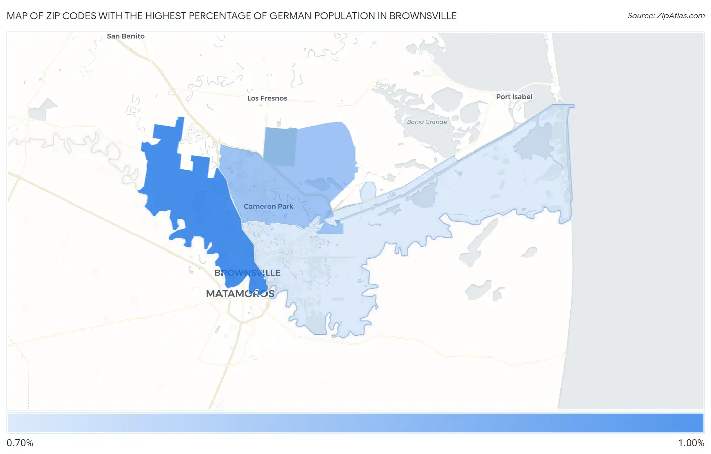 Zip Codes with the Highest Percentage of German Population in Brownsville Map