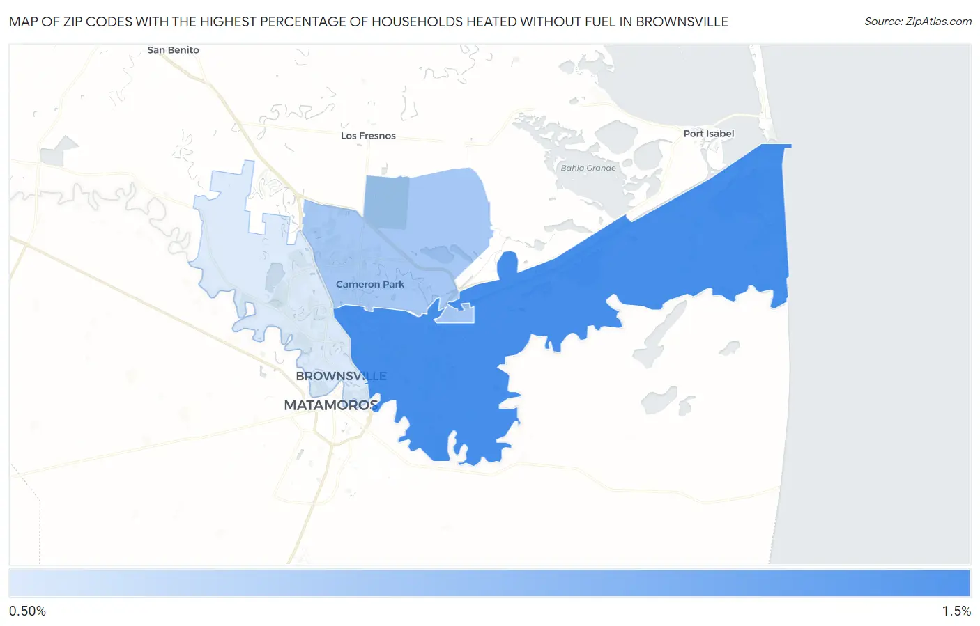 Zip Codes with the Highest Percentage of Households Heated without Fuel in Brownsville Map
