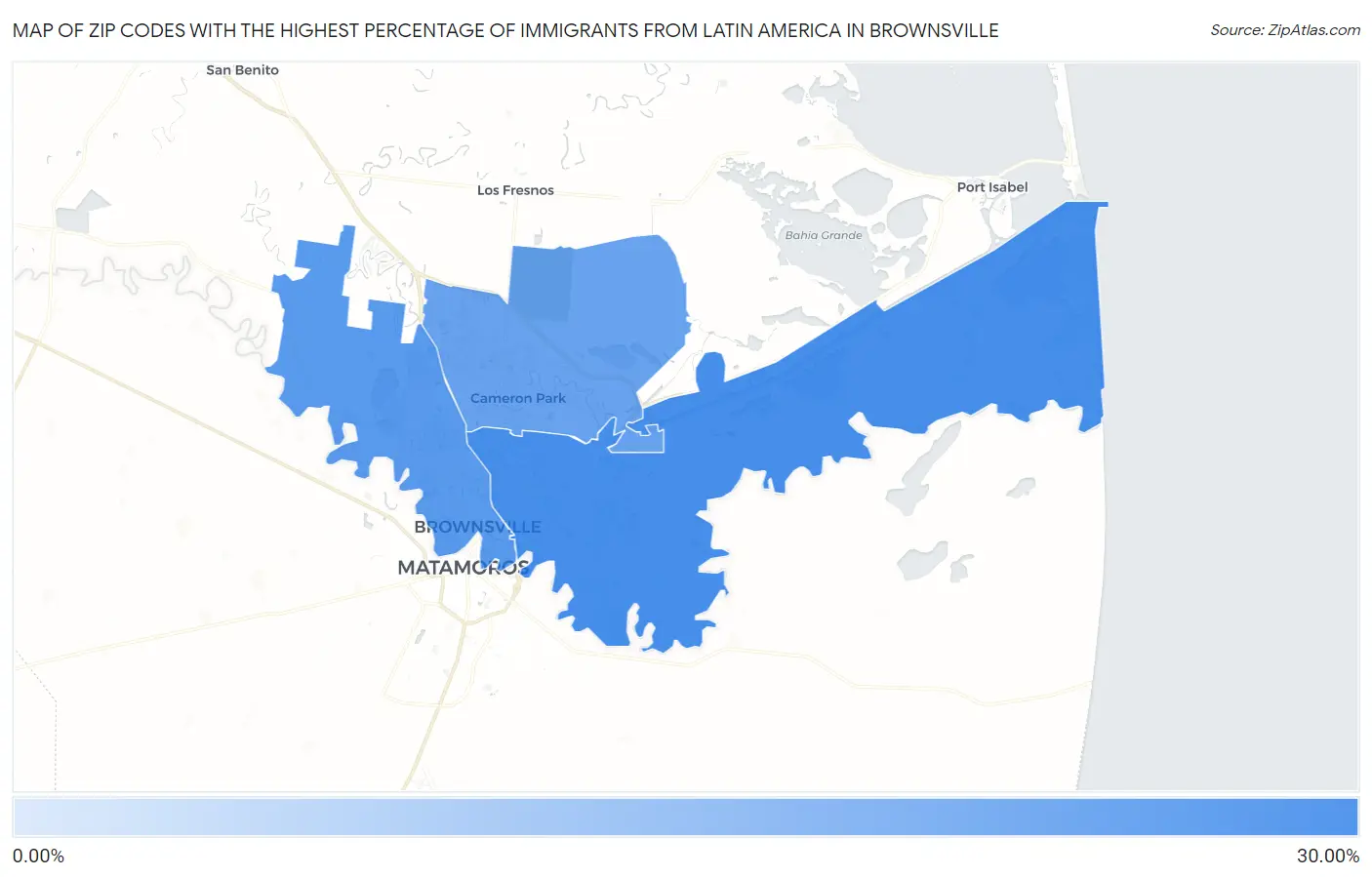 Zip Codes with the Highest Percentage of Immigrants from Latin America in Brownsville Map