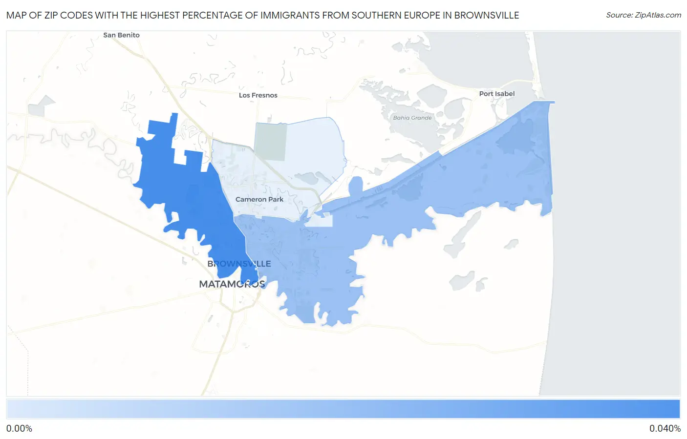 Zip Codes with the Highest Percentage of Immigrants from Southern Europe in Brownsville Map