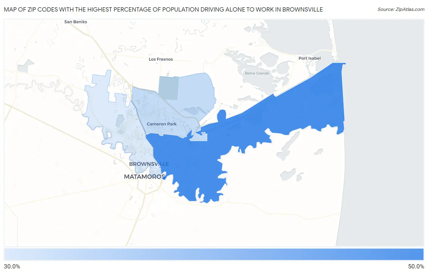 Zip Codes with the Highest Percentage of Population Driving Alone to Work in Brownsville Map