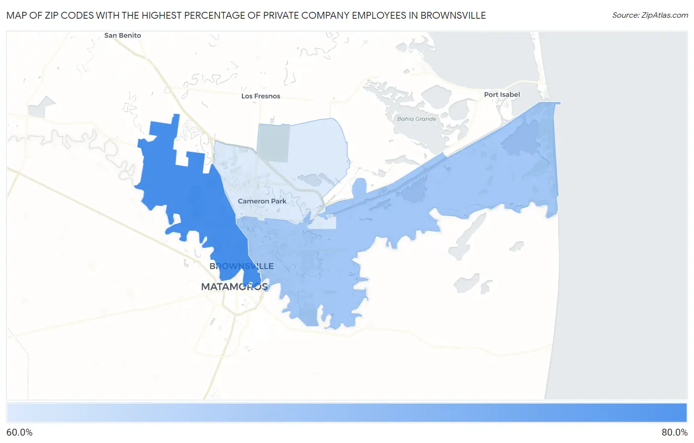 Zip Codes with the Highest Percentage of Private Company Employees in Brownsville Map