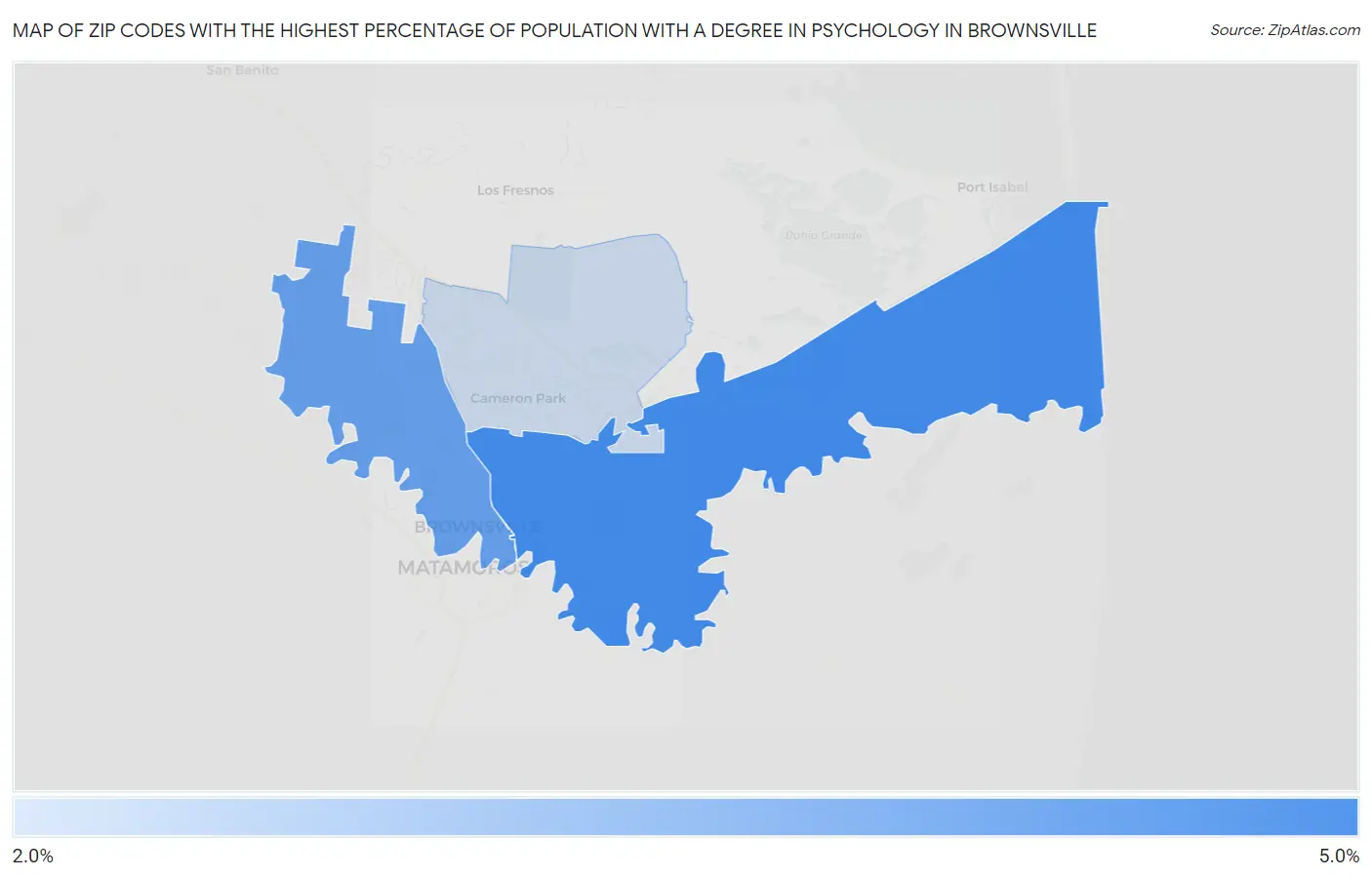 Zip Codes with the Highest Percentage of Population with a Degree in Psychology in Brownsville Map