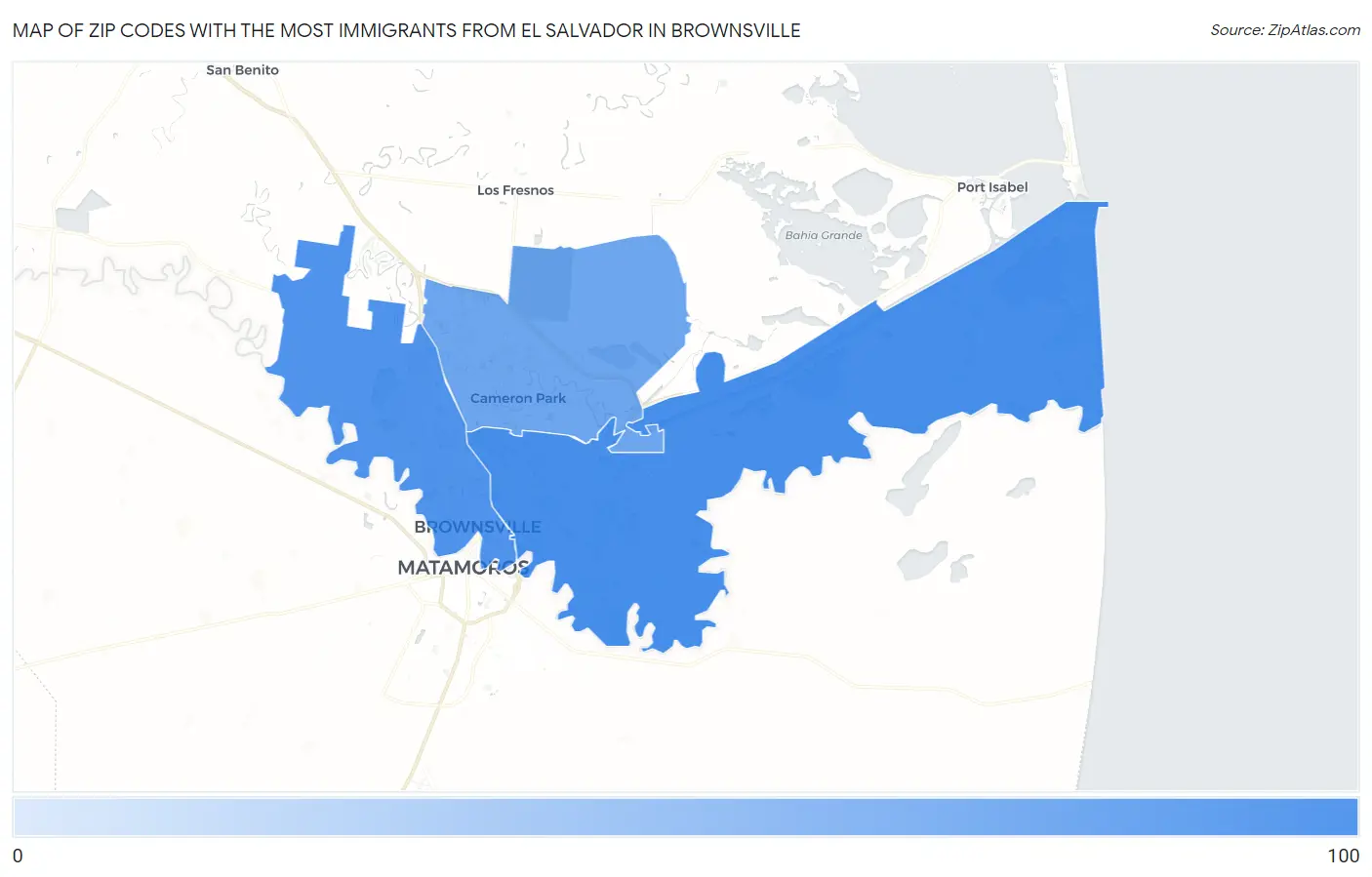 Zip Codes with the Most Immigrants from El Salvador in Brownsville Map