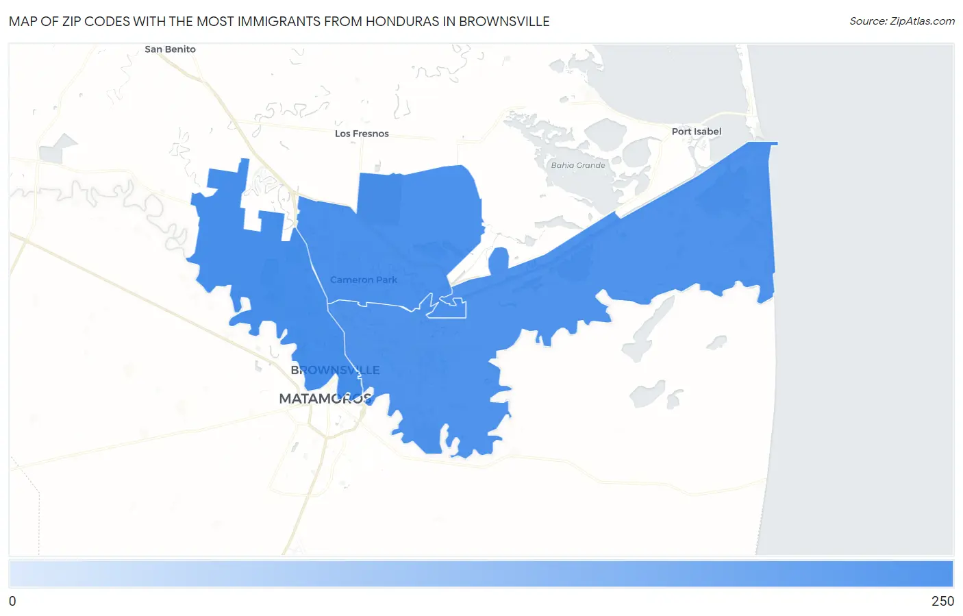 Zip Codes with the Most Immigrants from Honduras in Brownsville Map